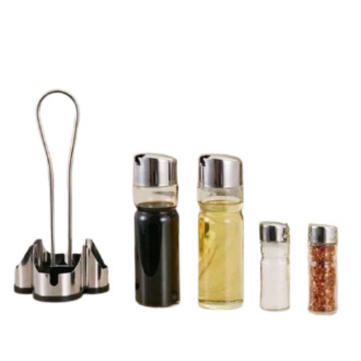 Set oliviera cu 2 sticle ulei/otet si 2 recipiente sare/piper, din sticla si suport