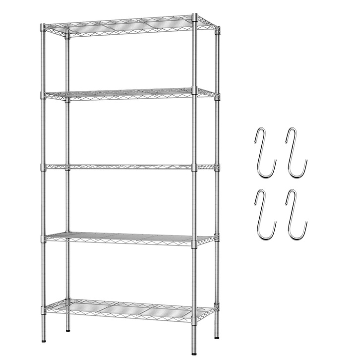 Uptyia fém polc, 5 állítható polc, ezüst, 45x90x184cm