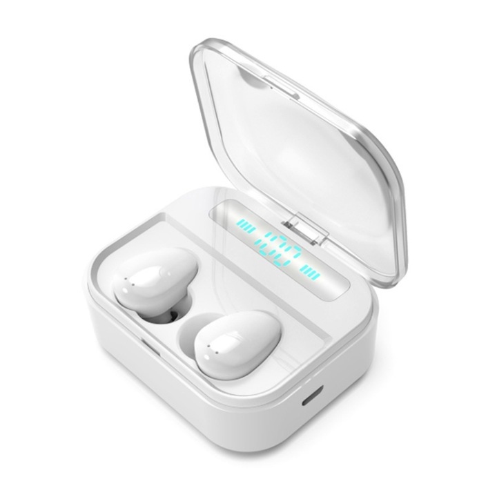 Casti wireless Bluetooth, TWS, Bluetooth V5.0, Pornire si conectare automata, Carcasa de incarcare cu capacitate mare, Smart Touch, Sunet stereo 8D, Rezistent la apa, Suport pentru Siri, Alb