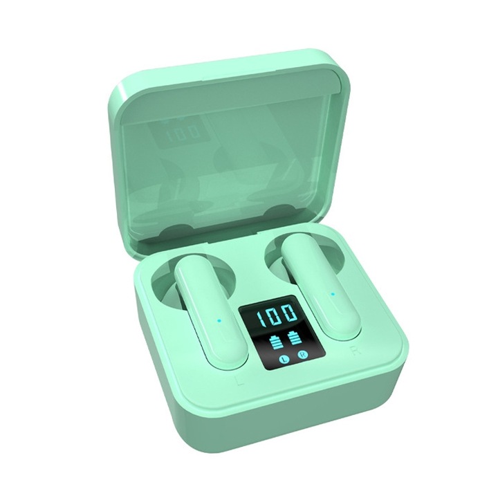 Casti wireless Bluetooth, TWS, semi-in-ear, afisaj digital, compatibilitate Bluetooth 5.0, usor, verde