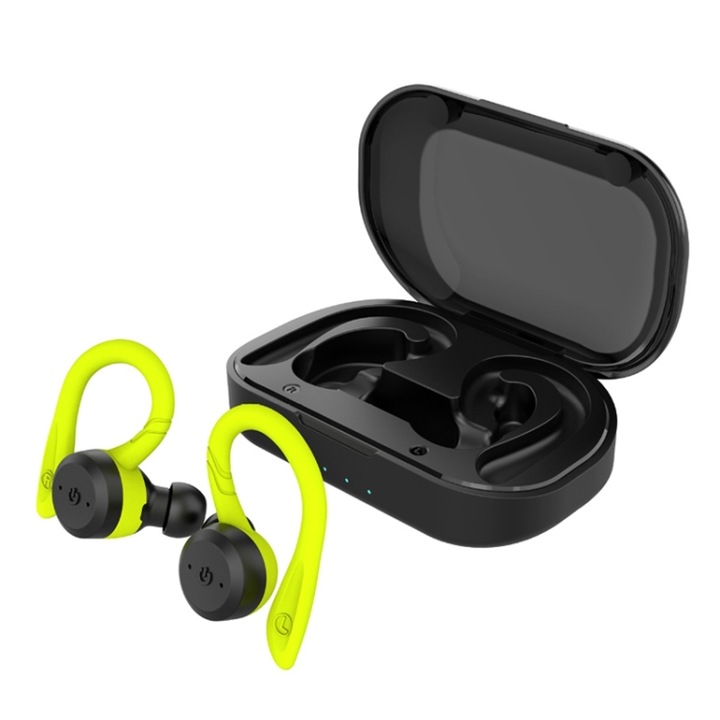 Casti fara fir Bluetooth, TWS Sports, Reducere Inteligenta a Zgomotului, Design Ergonomic, Bluetooth 5.0, Rezistent la apa IPX7, negru cu Verde