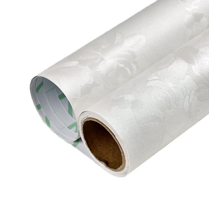 Dollcini Fehér öntapadós tapéta, virágos textúrájú tapéta, fehér dombornyomott kontaktpapír öntapadós tapéta, fehér virágos polcbélésre alkalmas,438233, fehér Perla