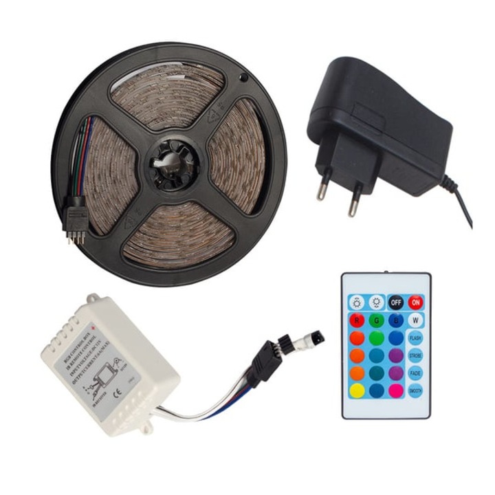 Kit Banda LED, Roled®, 5 Metri, 5050 RGB, 12V, Telecomanda