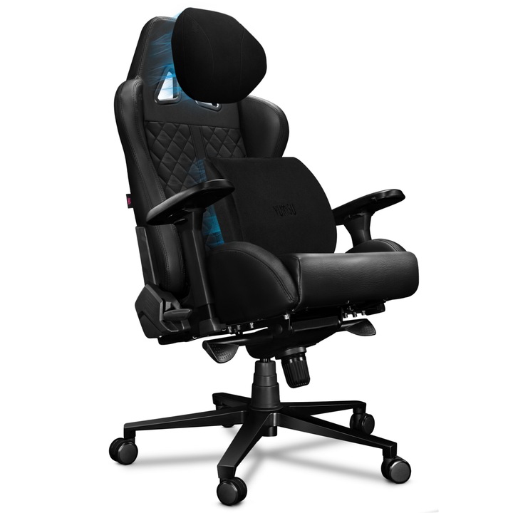 Scaun de gaming si birou - YUMISU 2050 Magnetic Real Leather - Negru, piele naturala, cusaturi negre, sustine 150 kg, Perne magnetice, Optiune de balansare, Perna lombara, Perna pentru tetiera, Reglare cotiera, Inclinabila la 165°, Calitate premium