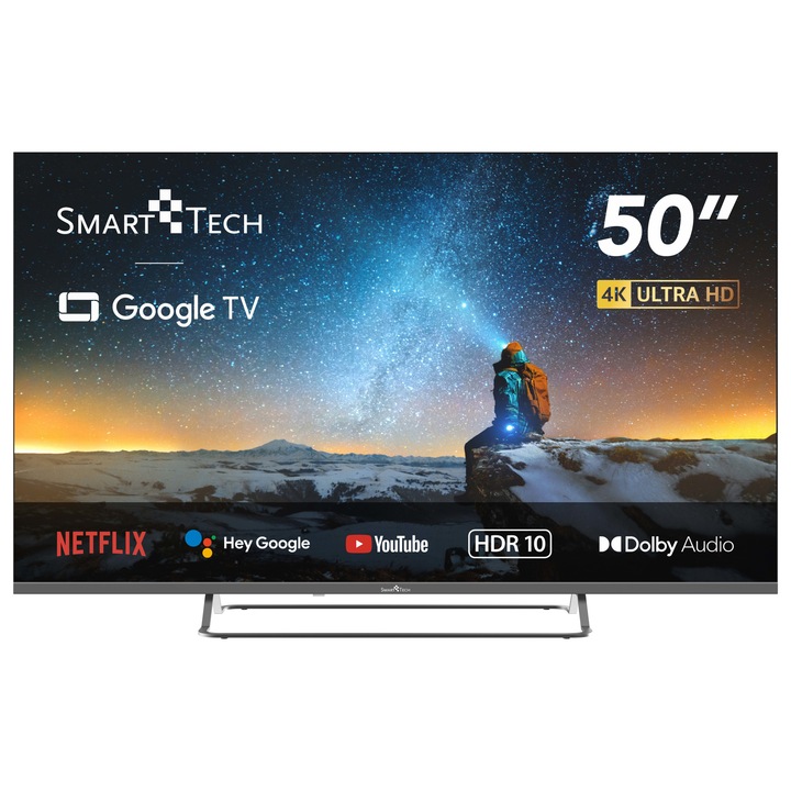 Smart Tech 50UG02V, 50" (127 cm) Google Televízió, 4K UHD LED TV, 2G/8G, Wi-Fi, Bluetooth, DVB-T2/C/S2, Netflix, YouTube, Amazon Prime, Dolby Audio