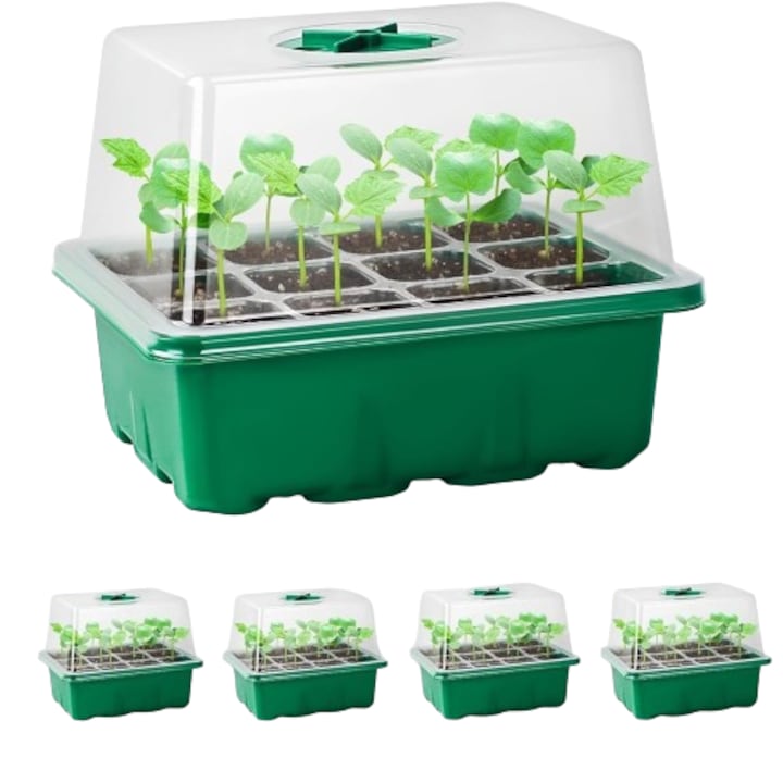 Set de 4 Tavite Germinare pentru Rasaduri, Kit Complet pentru Agricultori Amatori, Plastic Durabil, Compartimentare 12 Celule, 19x14, 5x11 cm, Verde, Transparent