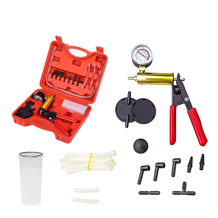 Помпен комплект за тестер за кола, със 7 адаптера, 3 тръби, прецизен индикатор, 26x22x8cm, За спирачен вакуум/проверка