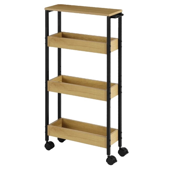 Konyhai kocsi, 3 polc, fa/fém, 15x82x40 cm, barna/fekete