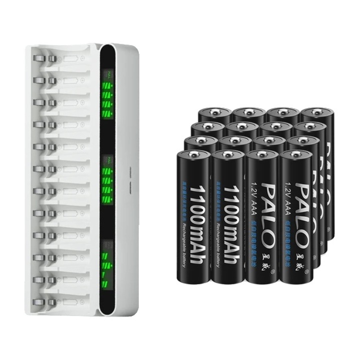 Set incarcator si 16 baterii AAA Palo, Ni-MH, Display LCD, USB, 3000mAh, alb
