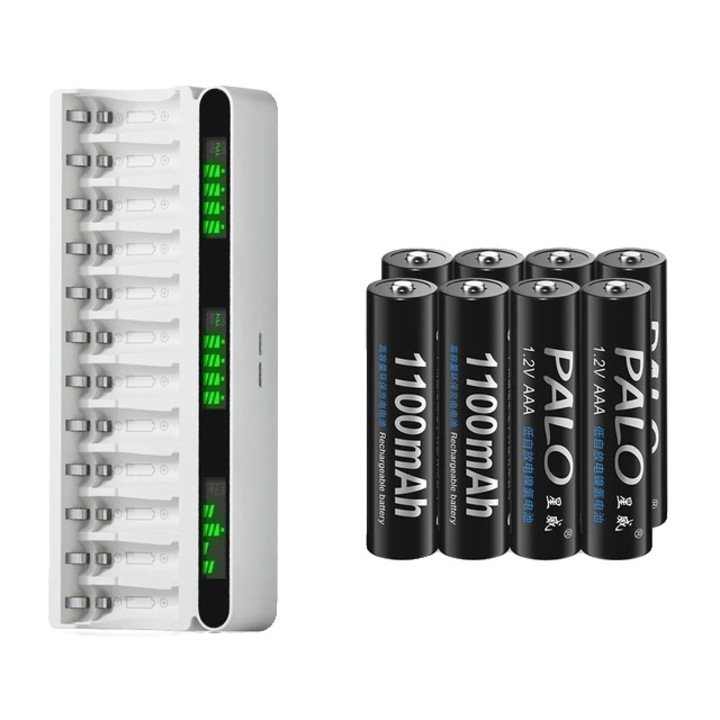 Incarcator si baterii Palo, incarcare rapida, ecran LCD, 8xAAA, alb/negru