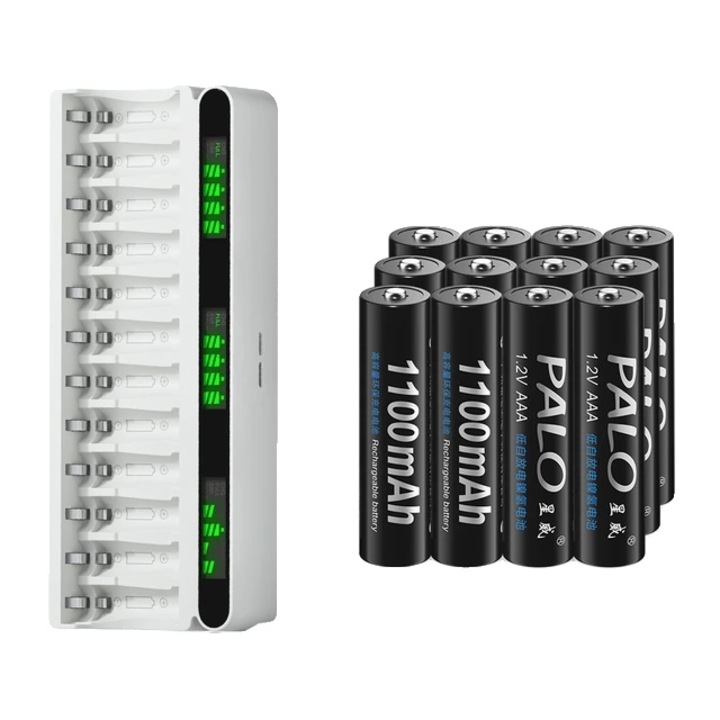 Incarcator si baterii Palo, incarcare rapida, ecran LCD, Ni-MH, 12xAAA
