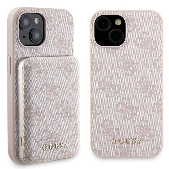 Tok és Powerbank készlet, GUESS, TPU / polikarbonát / ökológiai bőr, 4G fém arany logó, kompatibilis iPhone 15, 6.1", 5000 mAh, rózsaszín