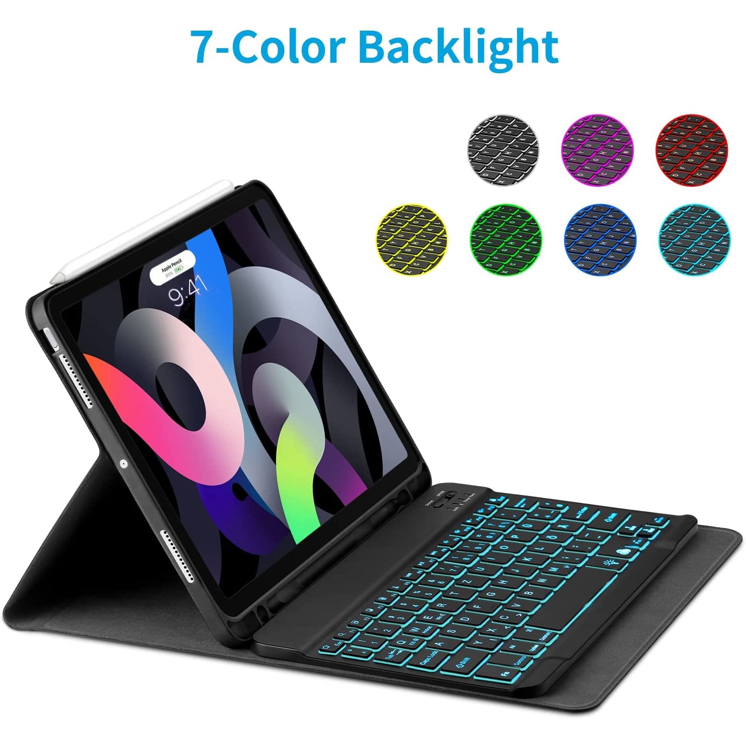 Husa pentru Apple iPad Air 11 2026 / 2025 / 2024 M4, M3, M2 cu tastatura iluminata wireless detasabila RGB 7 lights, Bluetooth, USB Type-C, functie stand, slot stylus si mouse wireless RGB iluminat LED negru