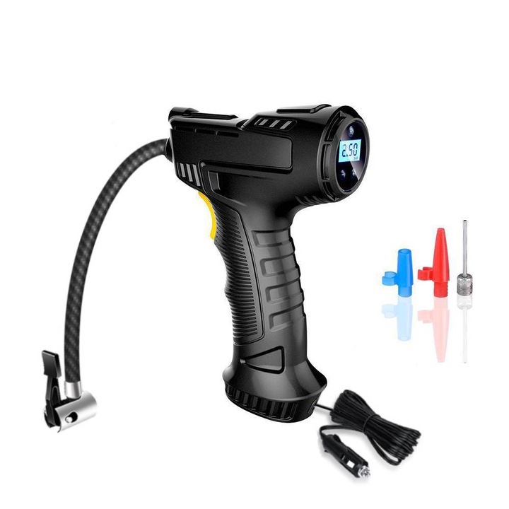 Pompa de umflat portabila SANFACE, iluminare de urgenta, 120W, 45L/min, ecran LCD, negru