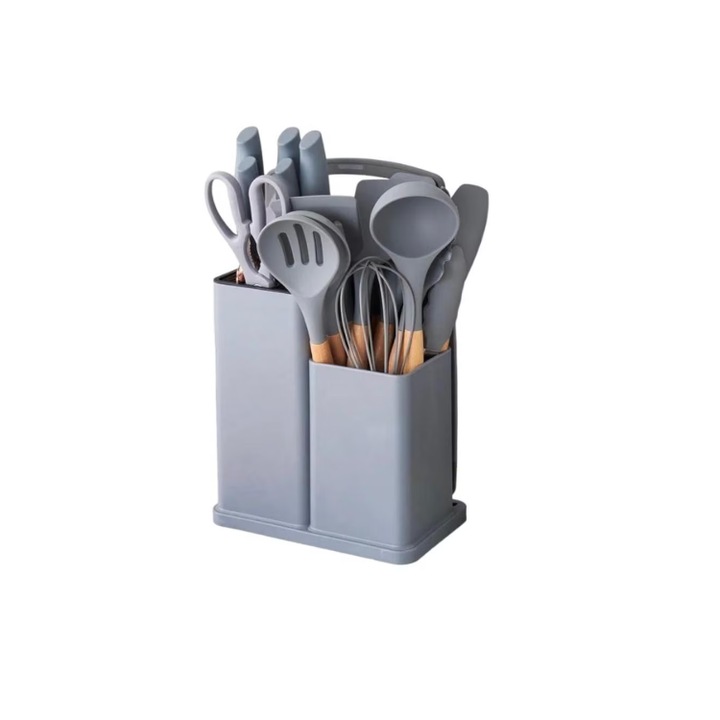 Stuffix® пълен комплект кухненски прибори от 19 части, топлоустойчиви незалепващи силиконови съдове за готвене, сиви с дървена дръжка