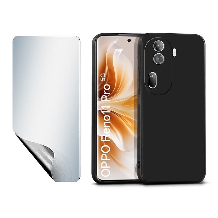 UHD regenerálható hidrogél fóliakészlet, nagy érzékenységű és sima szilikon védőburkolat mikroszálas Oppo Reno11 Pro-hoz, OPTIM OLDAT, Ultra vékony, kiváló minőségű puha anyag, tapadásgátló, prémium szálas bélés, egyedi stílusos kialakítás, fekete