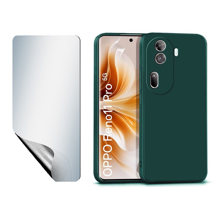 UHD regenerálható hidrogél fóliakészlet, nagy érzékenységű és sima szilikon védőburkolat mikroszálas Oppo Reno11 Pro-hoz, OPTIM OLDAT, Ultra vékony, kiváló minőségű puha anyag, tapadásgátló, prémium szálas bélés, egyedi stílusos kialakítás, zöld