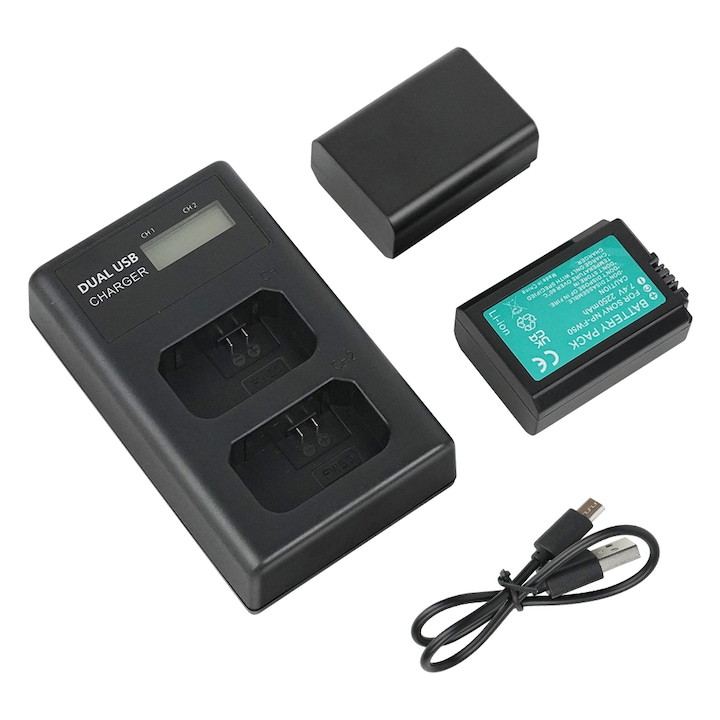 Pachet Incarcator Dual USB compatibil baterie Sony, JESWO®, 2 x Acumulatori Sony NP-FW50, 2000mAh, Ecran LCD, Negru