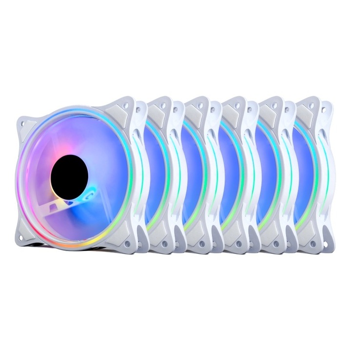 Set 6 Ventilatoare Carcasa 120 x 120 mm Pro Gaming ARGB, controller PWM, telecomanda, Albe