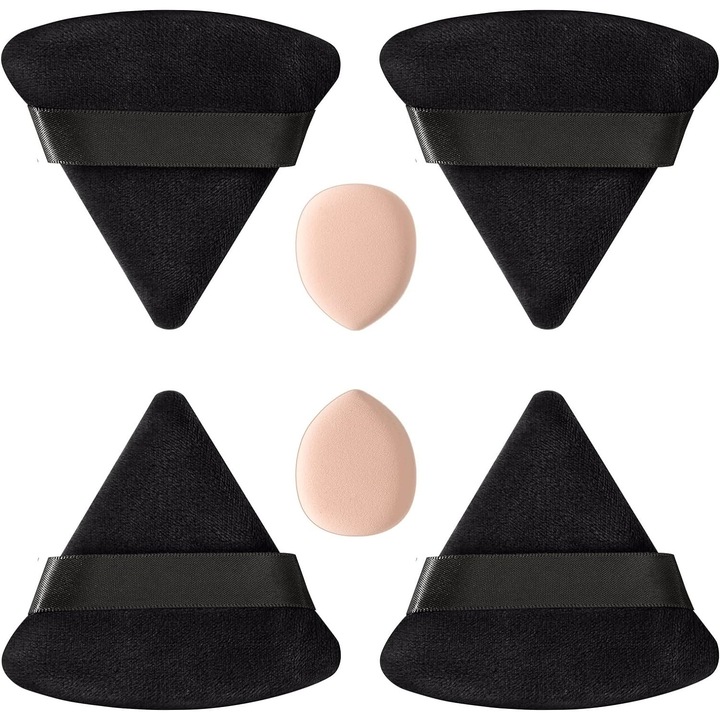 4 bureti de pudra triunghiulari si 2 mini dischete de burete de machiaj, bureti de machiaj fixatori din catifea, aplicator de fond de ten reutilizabil pentru pudra presata/libera, Negru