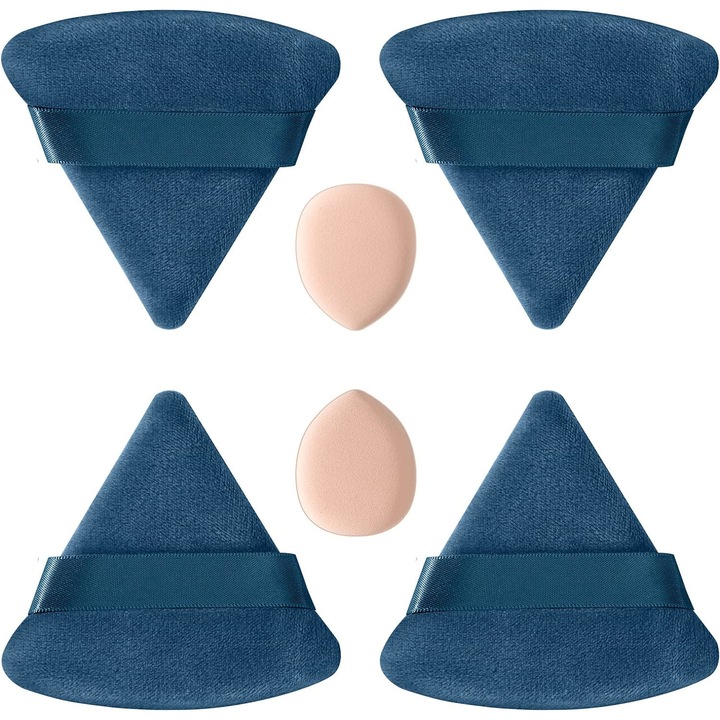 4 bureti de pudra triunghiulari si 2 mini dischete de burete de machiaj, bureti de machiaj fixatori din catifea, aplicator de fond de ten reutilizabil pentru pudra presata/libera, Albastru