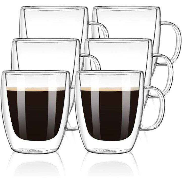 Set 6 cani pentru ceai si cafea din sticla termorezistenta, Aurov®, Pereti dubli, 250 ml, Transparenta