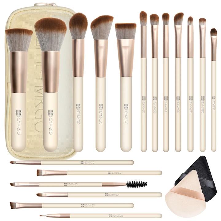 Set 18 pensule machiaj, Duaiu, Plastic, Maro/Alb（Powder puff color random）