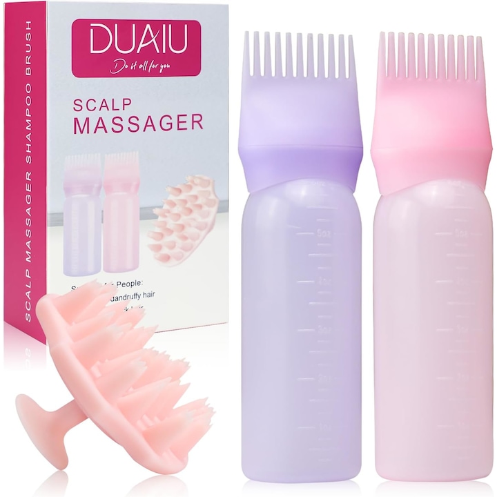 Set DUAIU Perie Masaj Cap & Aplicator Ulei Par - pentru Masaj Scalp, Aplicare Ulei & Tratament, Ideala pentru Vopsit & Ingrijire Par, Roz