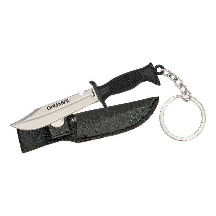 Cutit cu inel pentru chei, Albainox Comander, Maner ABS, Lama inox, 5.2 cm, cu teaca din piele