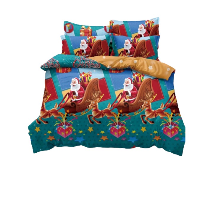 Lenjerie de pat, Jojo Home, Finet, 2 persoane, 6 piese, Sania lui Mos Craciun, 230x240cm, Multicolor