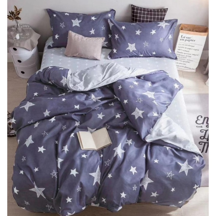 Двойно спално бельо, сатениран памук, 4 части, 2 лица, звезди, морско синьо-сиво, 240x250 см