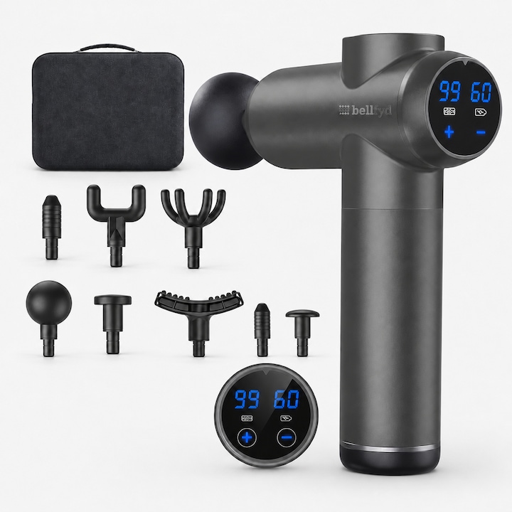Aparat Profesional de Masaj Muscular cu Percutie BellFyd®, Tip Pistol cu 8 Capete Interschimbabile, 99 de Viteze, Ecran LCD, Pentru Gat, Spate, Maini, Picioare, Anti Celulita, Motor Silentios, Geanta de Transport Inclusa, Gri Inchis