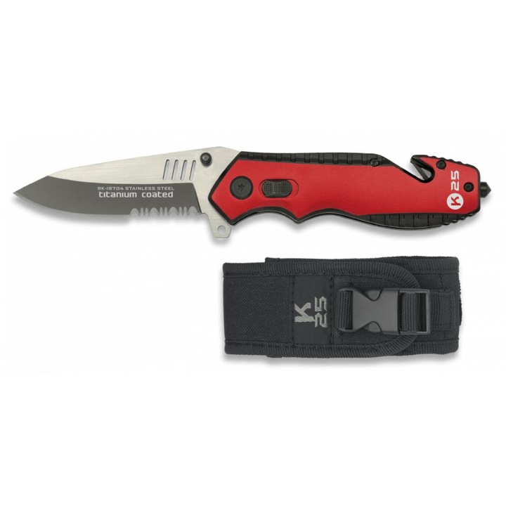 Briceag, K25, lama 8.4cm, aluminiu, negru cu rosu, teaca inclusa