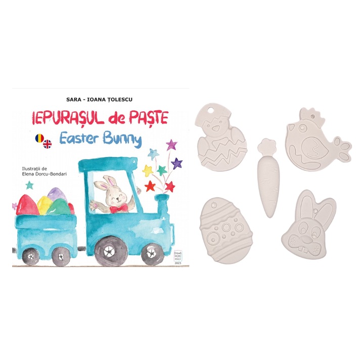 Pachet Paste copii - cartea “ Iepurasul de Paste “, Sara – Ioana Tolescu, editie bilingva romana-engleza, 28 pagini + figurine Ipsos de pictat – iepuras, morcov, ou, pui si gainusa ( 5 – 8 cm)