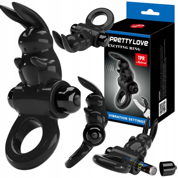 Inel pentru penis Pretty Love, vibratii, 10 moduri, negru, 44x24mm