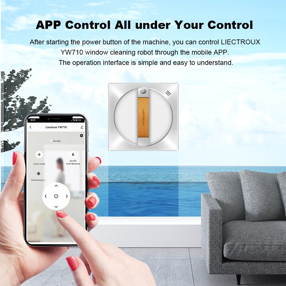 Aspirator robot pentru geamuri cu pulverizator dublu, control prin aplicatie, alb