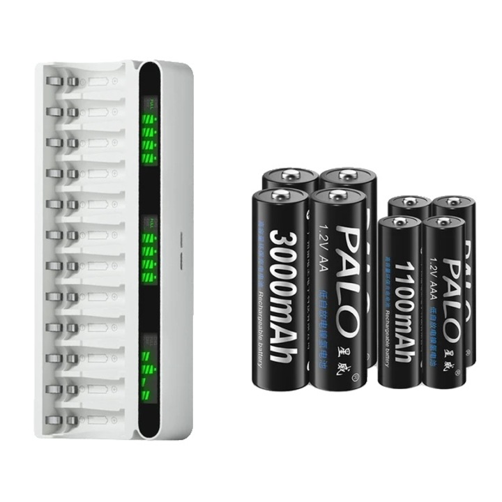 8 db elem készlet, AA/AAA, PALO, töltővel, kábellel, többszínű