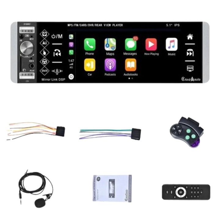 Автомобилен плейър Carplay, Android 5.1, AI гласов контрол, Bluetooth, FM/RDS, 1 Din, 4x45W, MP3, USB, BT, TF карта