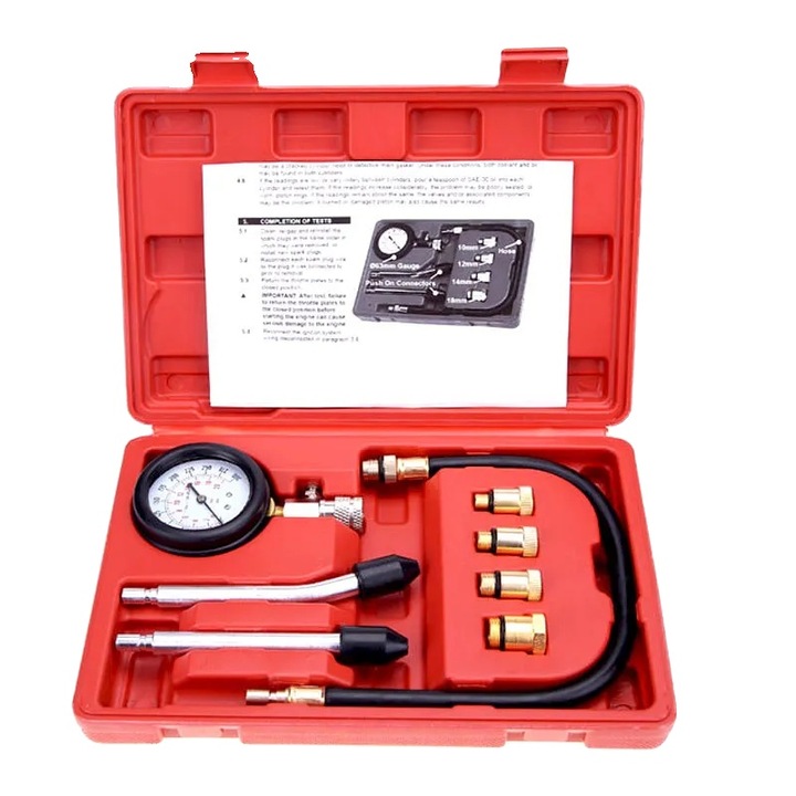 Motor kompresszió teszter, készlet adapterekkel és tömlővel, korróziógátló, 21 bar / 300 psi, piros ház, 265x210x65mm