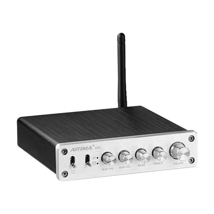 Усилвател Aiyima, Bluetooth, управление на басите/високите честоти, метален корпус, 124x130x33 mm, черен/сребрист