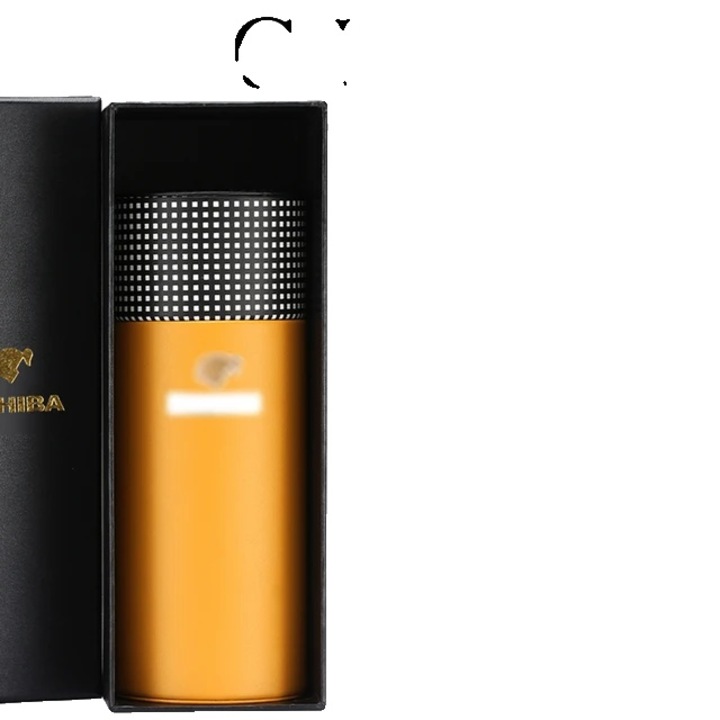 Etui portabil pentru 5 trabucuri, Piele si Lemn de Cedru, Galben si Negru, 202x78x78mm, Set cu Higrometru si Umidificator