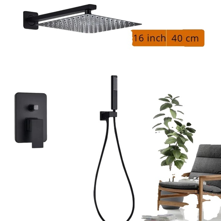 Set de dus montat pe perete, 2 functii, cap de dus 16 inch, negru, ceramic, ABS
