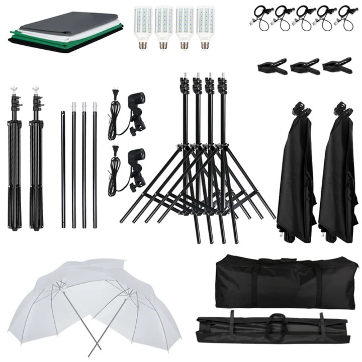 Set Fotografie Profesionala, Cadru Fundal 2x3m, Fundaluri 4 Culori, LED Softbox Umbrela, 20W, Geanta