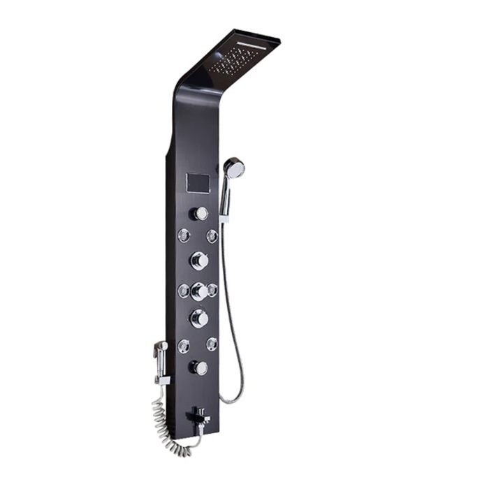 Coloana de dus cu functii ploaie si cascada, ABS si inox, lumina LED albastra, furtun 150cm, negru