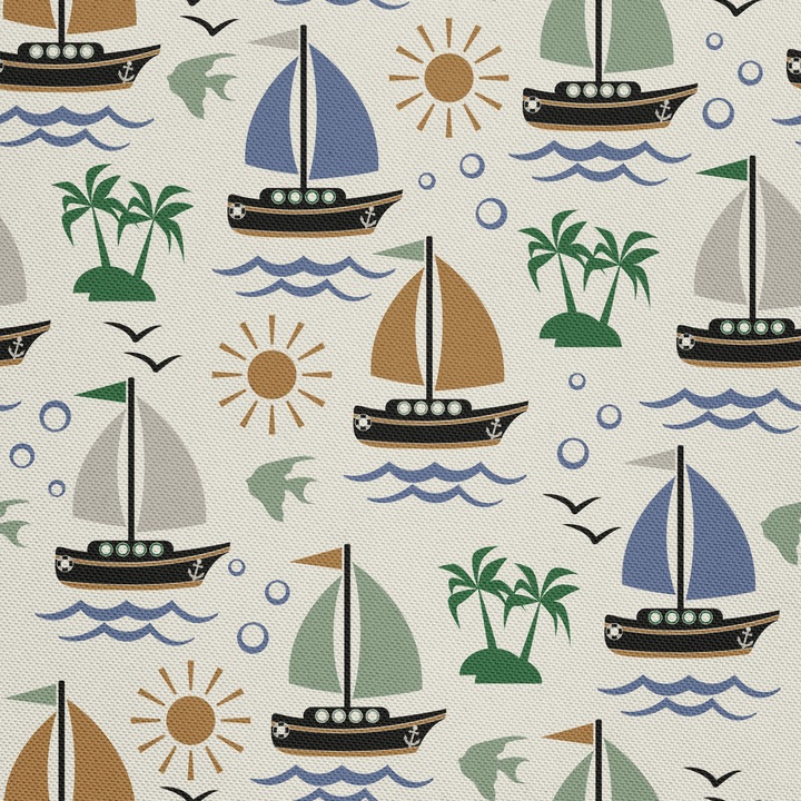 Textil anyag, Pálmafák csónak vitorlákkal nap, Poliészter 100%, 210g/m2, Méret: 100cm x 155cm