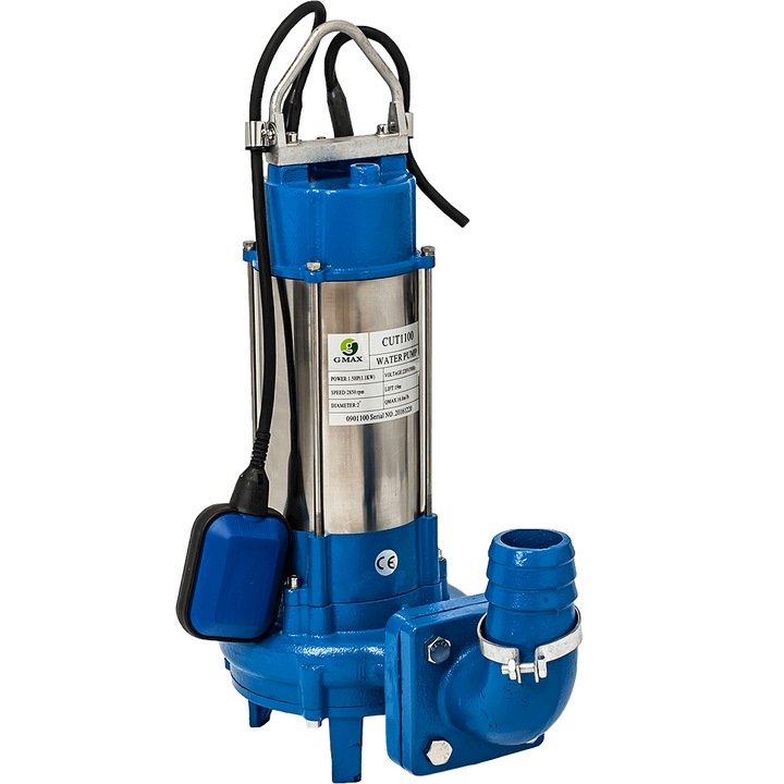 Дренажна помпа за фекални води с нож Gmax Cut 1500, С нож, Максимален дебит 21 m3/h, 1500W, Воден стълб 23m, С поплавък, Мотор от карбонова стомана AISI420