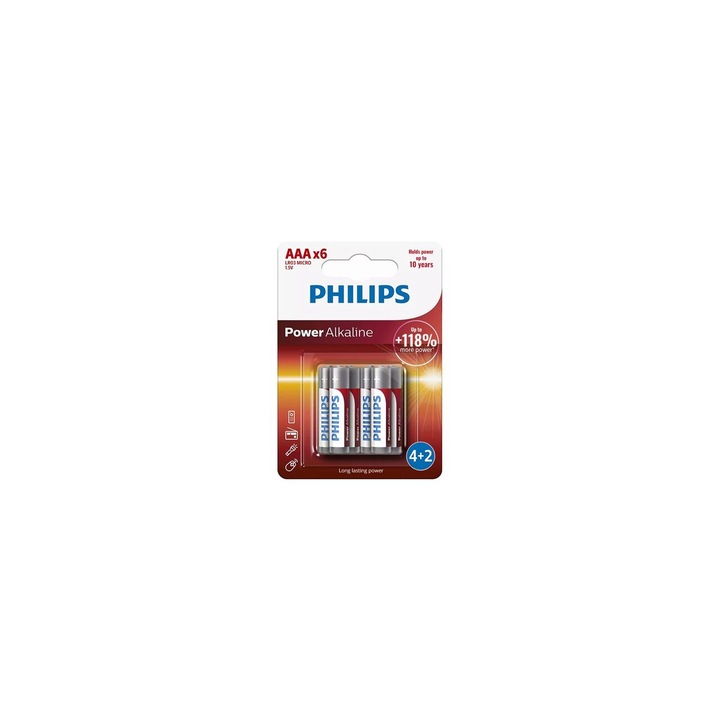 Комплект 6 батерии Philips LR03, AAA, Power Alkaline, блистер