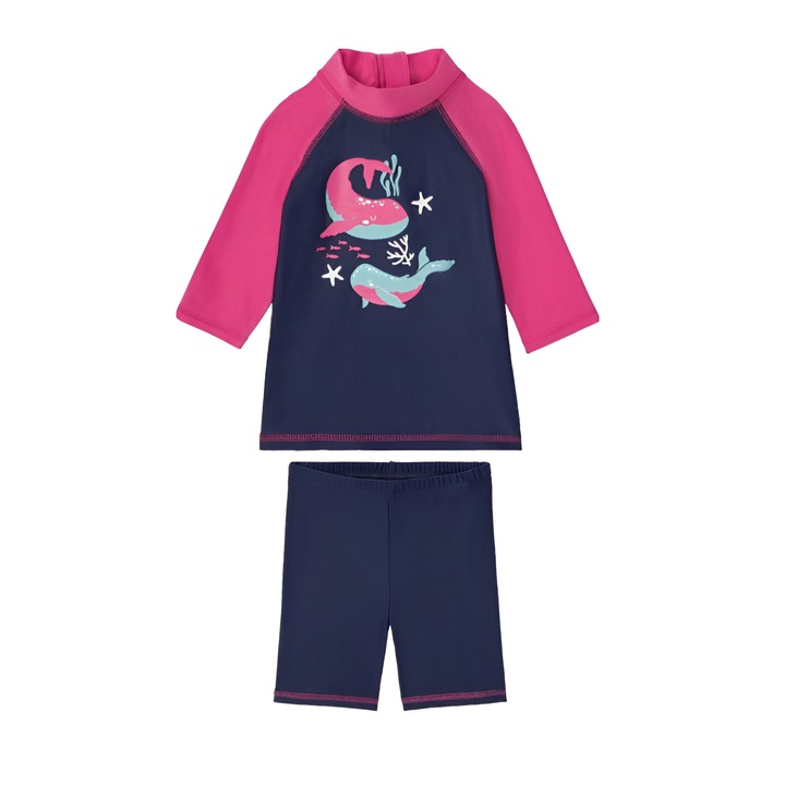 Costum de baie pentru fetite, model balena, 2 piese, UV 50+, Roz-Albastru, Roz/Albastru
