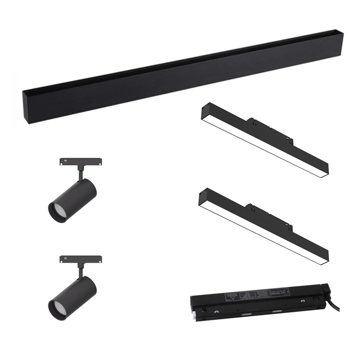 Sina Magnetica Aplicata 2 metri, 2 Proiectoare LED magnetice 20W si 2 Proiectoare LED magnetice liniare 10W, sursa magnetica 100W pachet complet, Negru, Alb neutru 4000K ZenLED®