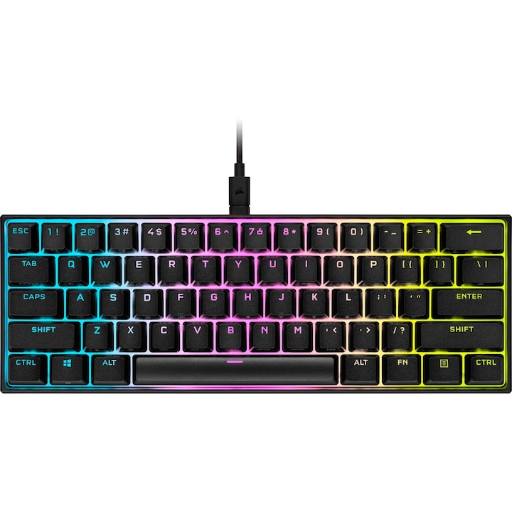 Tastatura mecanica gaming Corsair K65 RGB mini 60%, iluminare RGB, cablu detasabil USB-C, Switch Cherry MX Speed, Layout DE, Negru